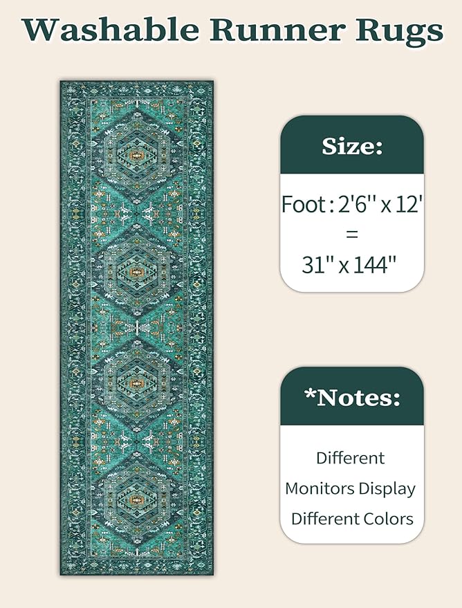 SERISSA Runner Rug for Hallways, Extra Long Boho Rug Ultra Soft Vintage Teal