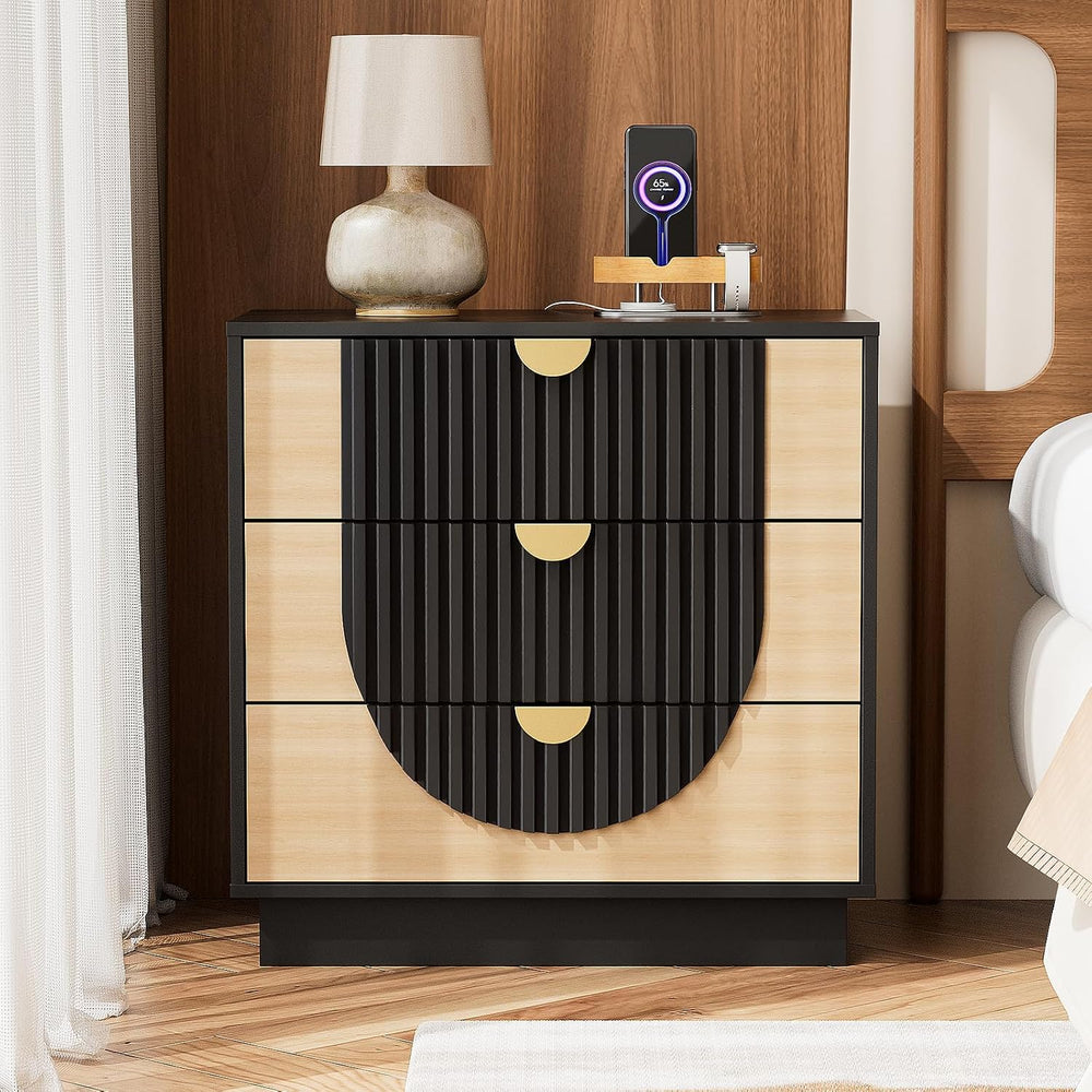3 Drawer Nightstand with Charging Station, 28" Fluted Night Stand & ...