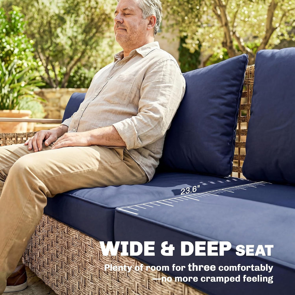 Outsunny Outdoor Patio Couch Wide Deep Seat 3 Seater Wicker Dark Blue