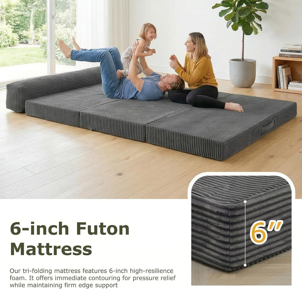 6 inch Tri-Folding Mattress Queen Futon Sofa Bed, Convertible Foldable Mattre...