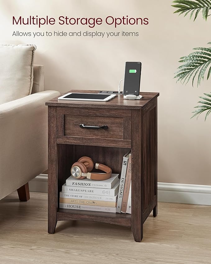 VASAGLE LIRY Collection - Farmhouse Nightstand with Charging Station, Bedside...