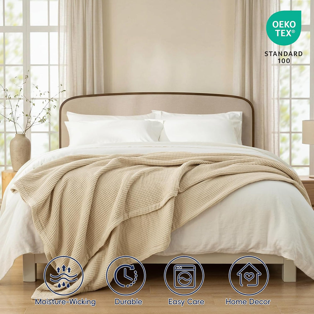 PHF 100% Cotton Waffle & Muslin Blanket Queen Size, 90" x 90", ...