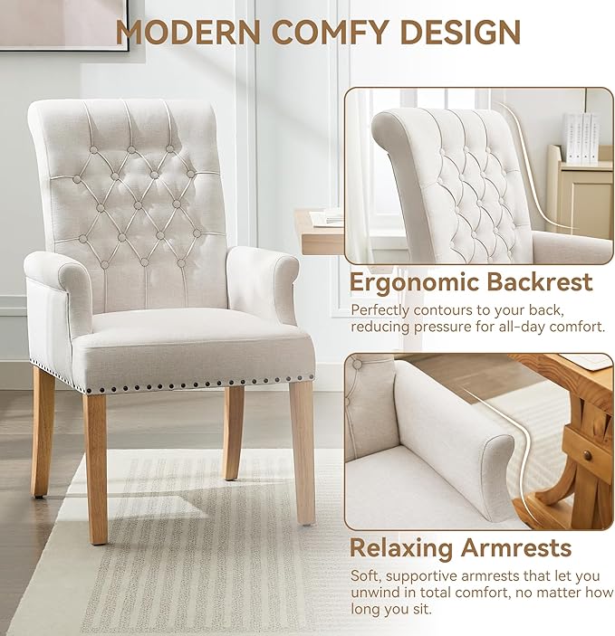 Fabric Dining Chair with Arms, Upholstered Tufted High Back Dining Room Chair...