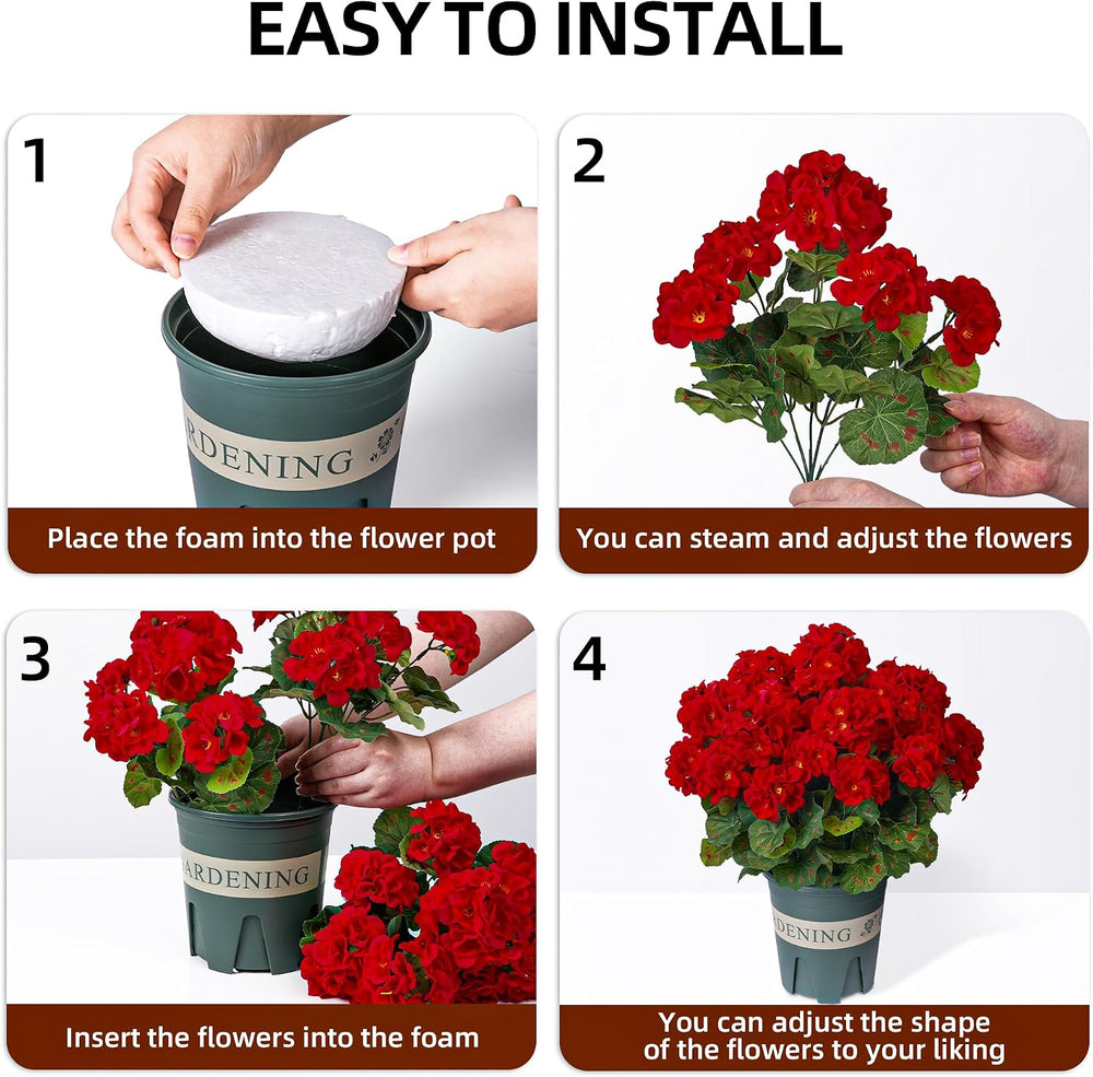 Geraniums Artificial Flowers for Outdoors, 2 Pack Potted Plants Red Faux Gera...