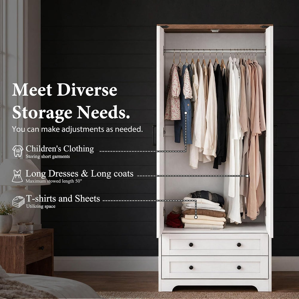 71" Wooden Armoire Wardrobe Closet with 2 Doors & 2 Drawers, White