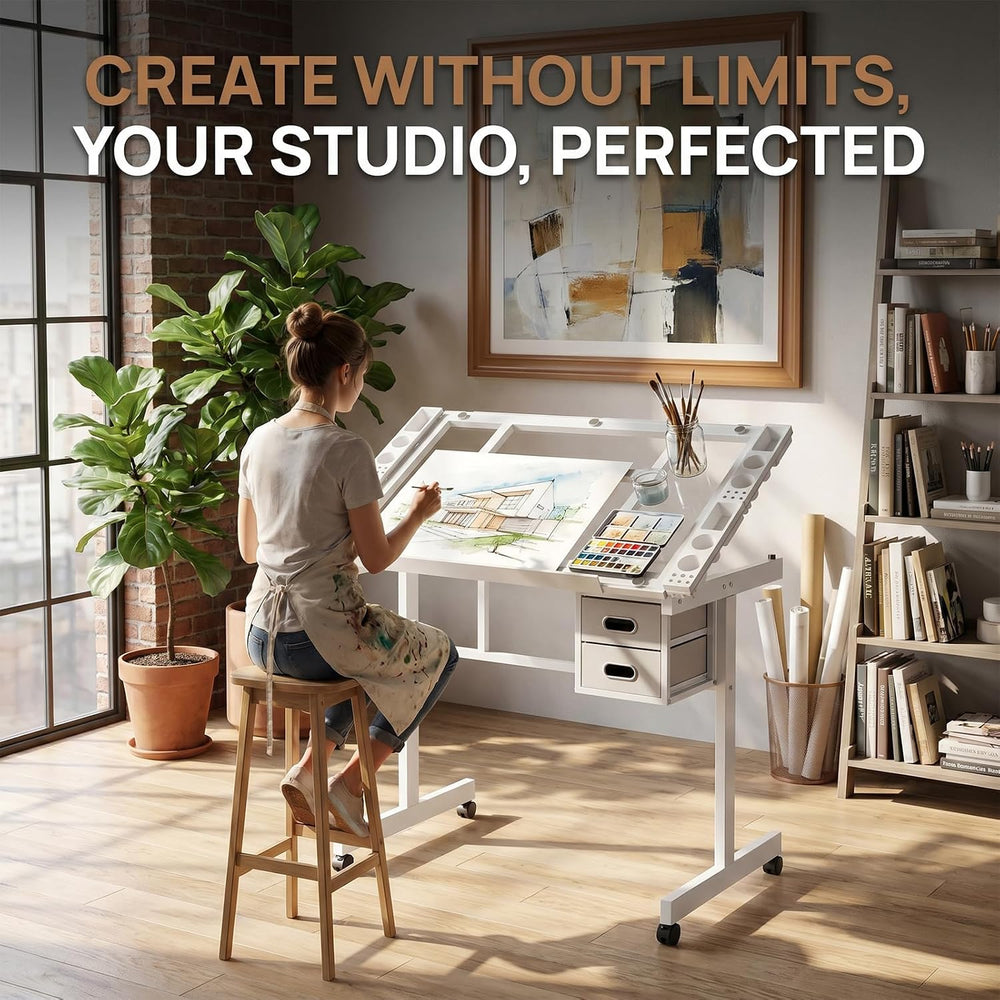Adjustable Drawing Table for Adults, 0-70° Tilt Glass Top Artist Desk with 2 ...