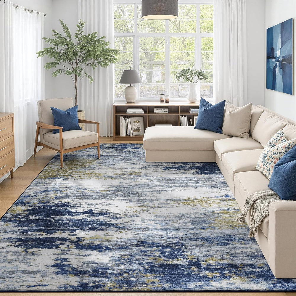 9x12 Area Rug for Living Room, Abstract Washable Large Rugs, Dark Blue