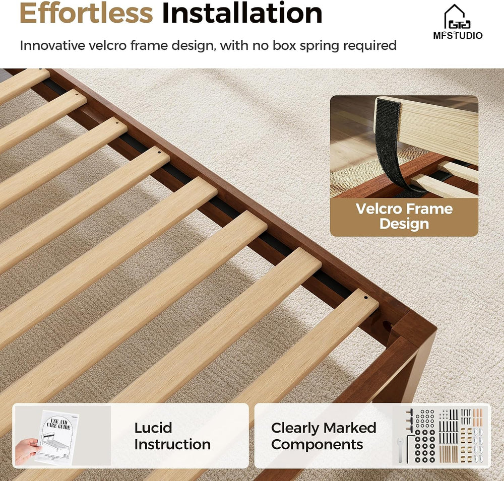 MFSTUDIO Wood Bed Frame Full Size with Adjustable Rattan Headboard