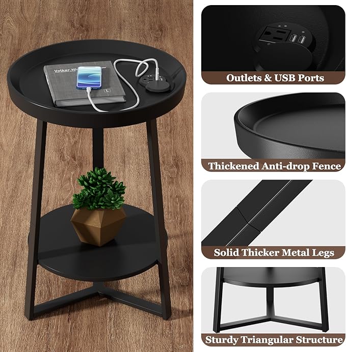 Gadroad Round End Table with Charging Station, USB Ports and Anti-Drop Fence,...