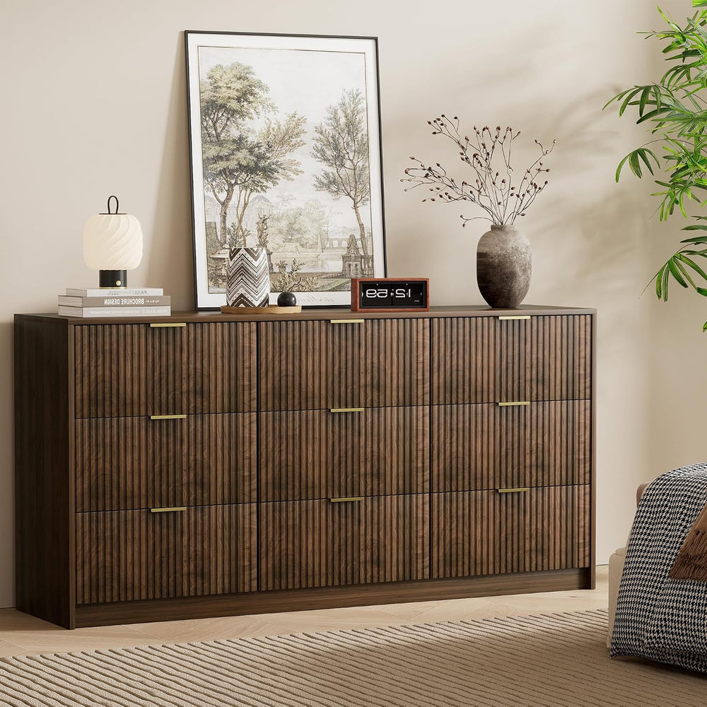 Furniway Walnut 9 Drawer Dresser for Bedroom, 63" Wide Fluted Wood Dresser