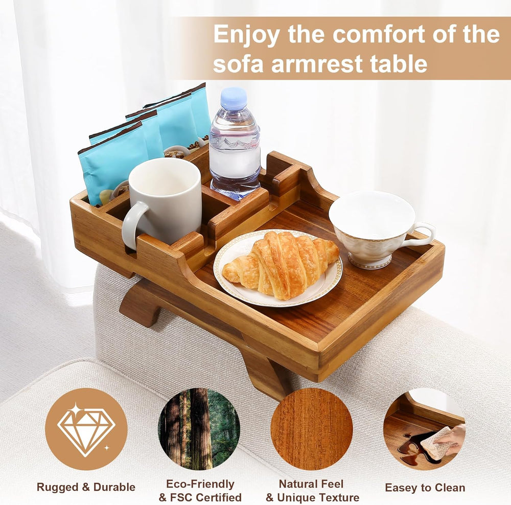 Couch Armrest Table, Acacia Wood Sofa Arm Table with 2 Cup Holders, 15.4"...