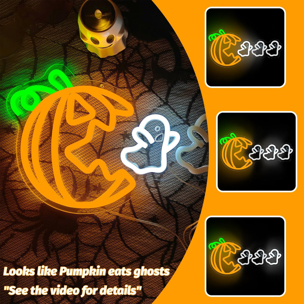 Halloween Pumpkin Eat Ghost Neon Sign Funny Spooky Pumpkin Led Sign Halloween...