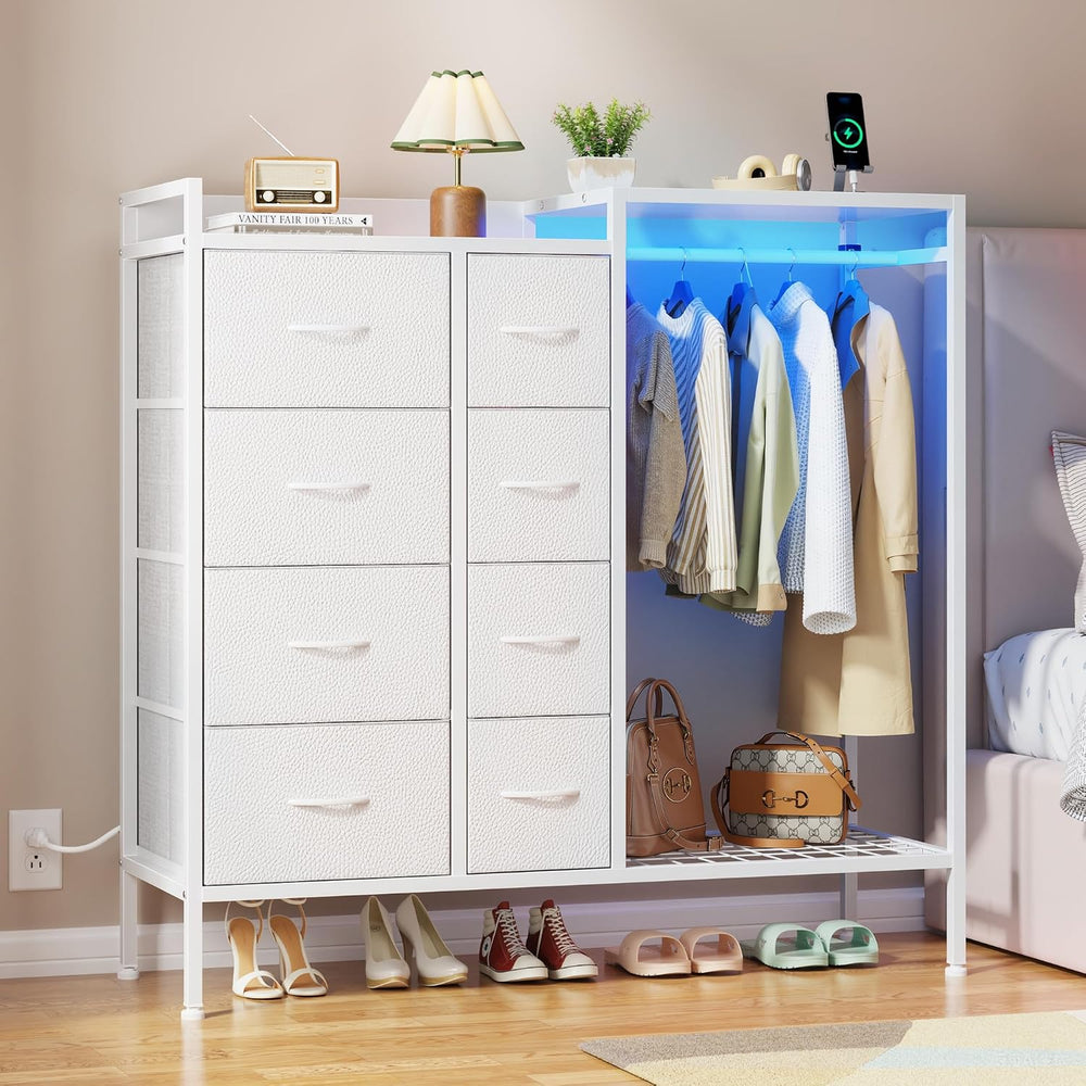 HIGDBFE 8-Drawer Dresser with Hanging Rack for Bedroom, White, 11.8" D