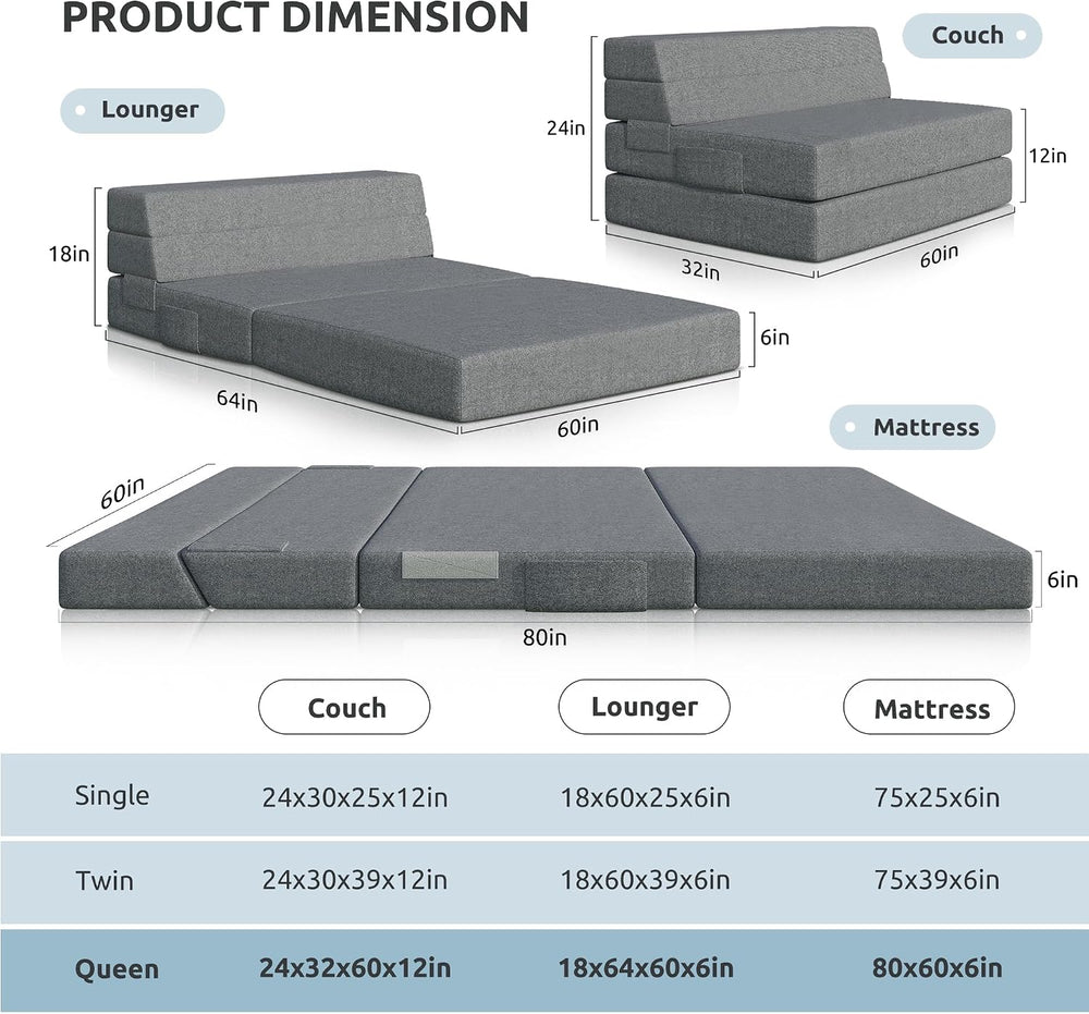 Youzi Folding Sofa Bed Queen, 6 Inches Foam Floor Sofa and Folding Mattress w...