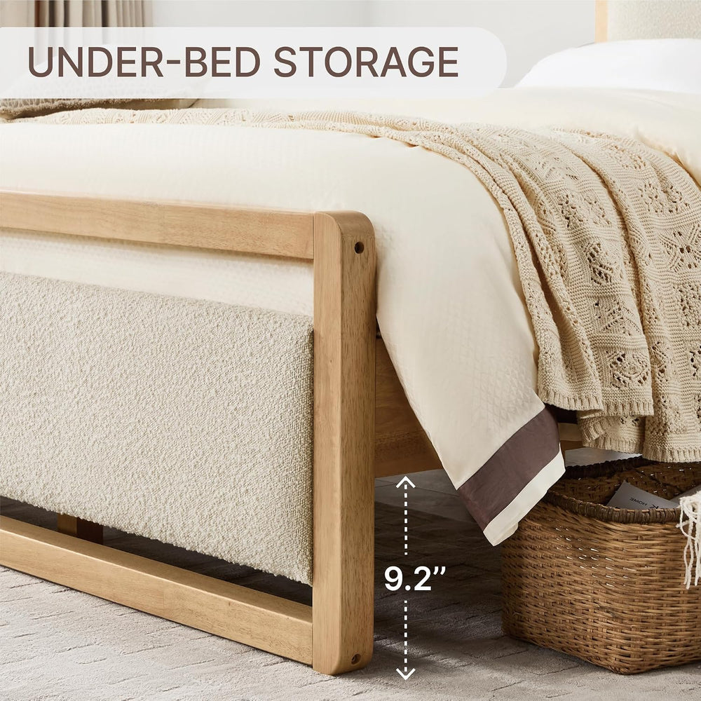 KISLOT Queen Wood Platform Bed Frame with Boucle Upholstered Headboard, Mid-C...