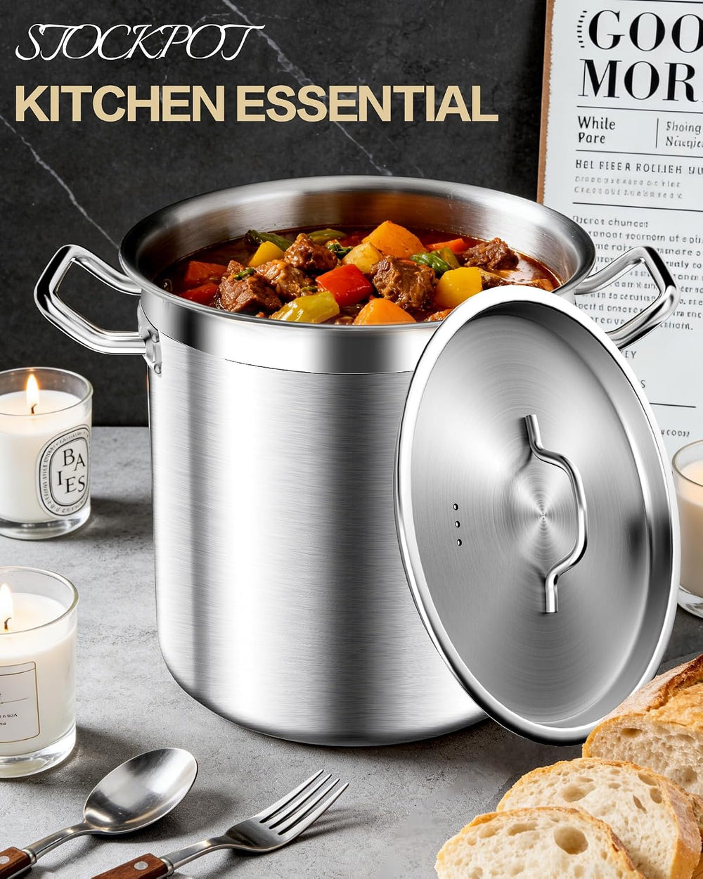 STOCKPOT Stock Pot 24 Quart - Commercial Grade Soup Pot With Lid - Nickel Fre...