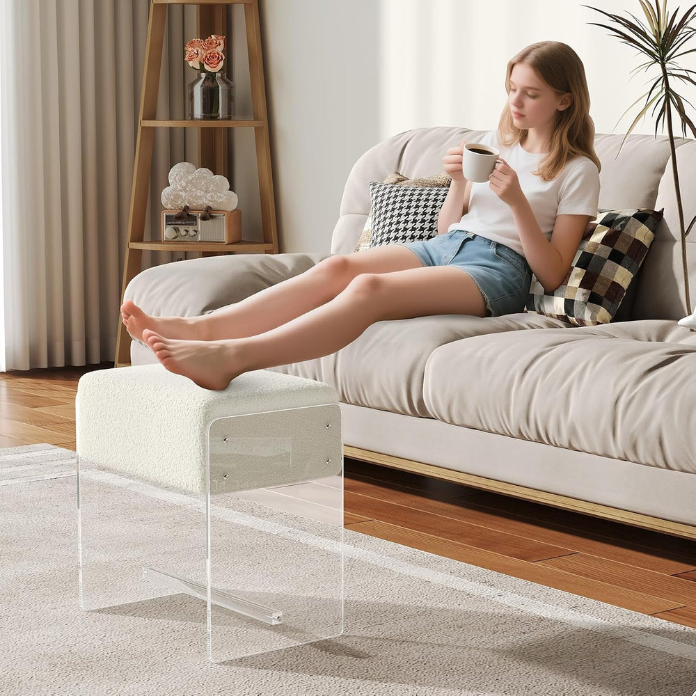 Vanity Stool Chair, Soft Ottoman with Clear Acrylic Legs, Modern Padded Seat ...