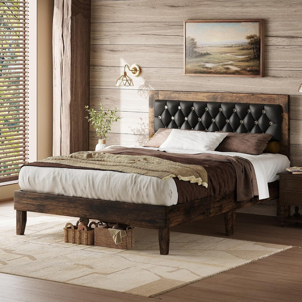 Wood Queen Bed Frame with Diamond Tufted Upholstered Headboard, Walnut