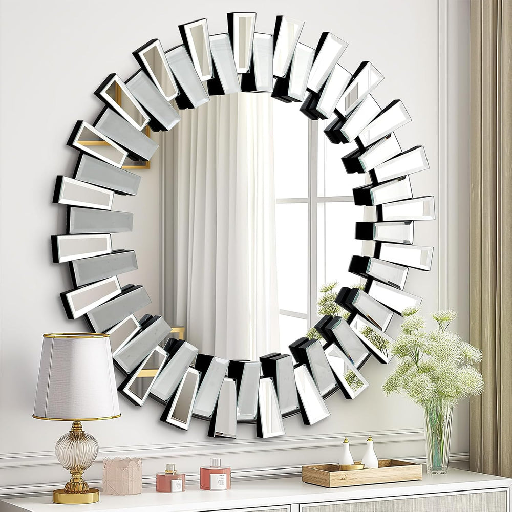 QDSSDECO 32" x32" Round Sunburst Wall Mirror, Frameless Beveled Edge