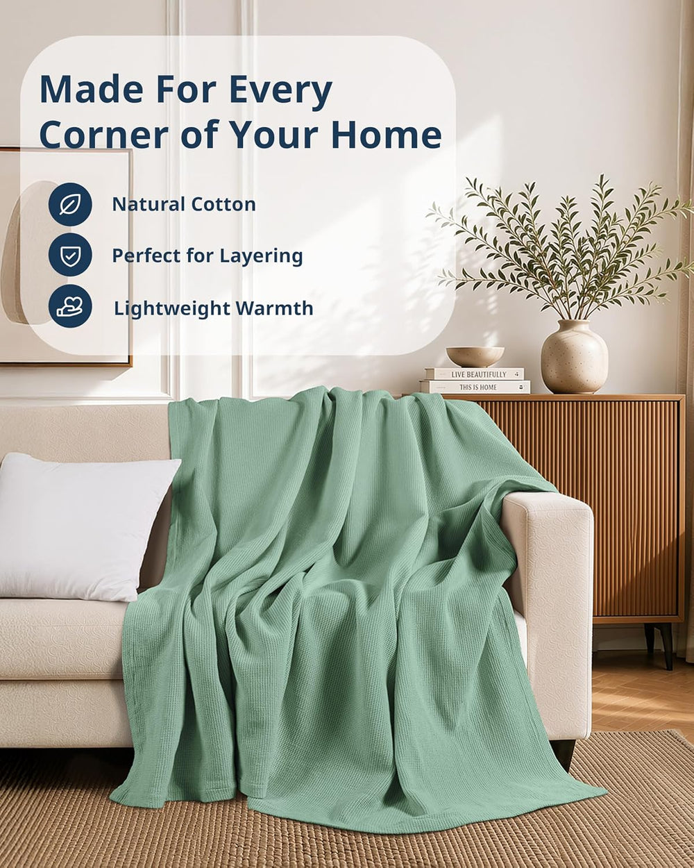 LANE LINEN Queen Blanket, 100% Cotton 300 GSM Lightweight - Sage Green