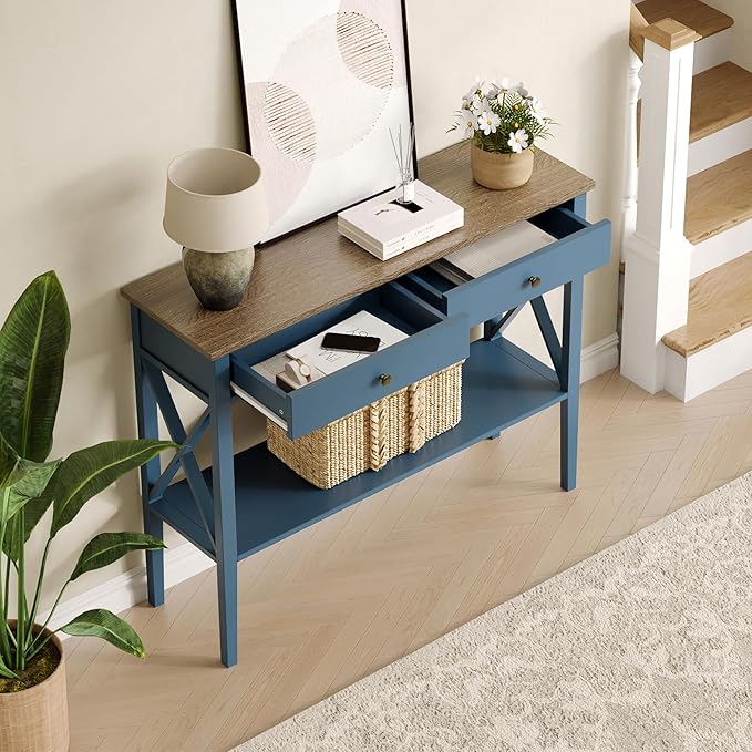 ChooChoo Console Table with Drawers, Narrow Wood Accent Sofa Table Entryway T...