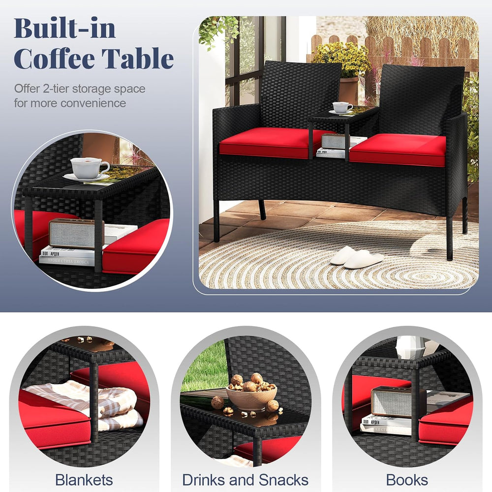 Tangkula Patio Loveseat with Built-in Table, Wicker 2-Seat Furniture with Sof...