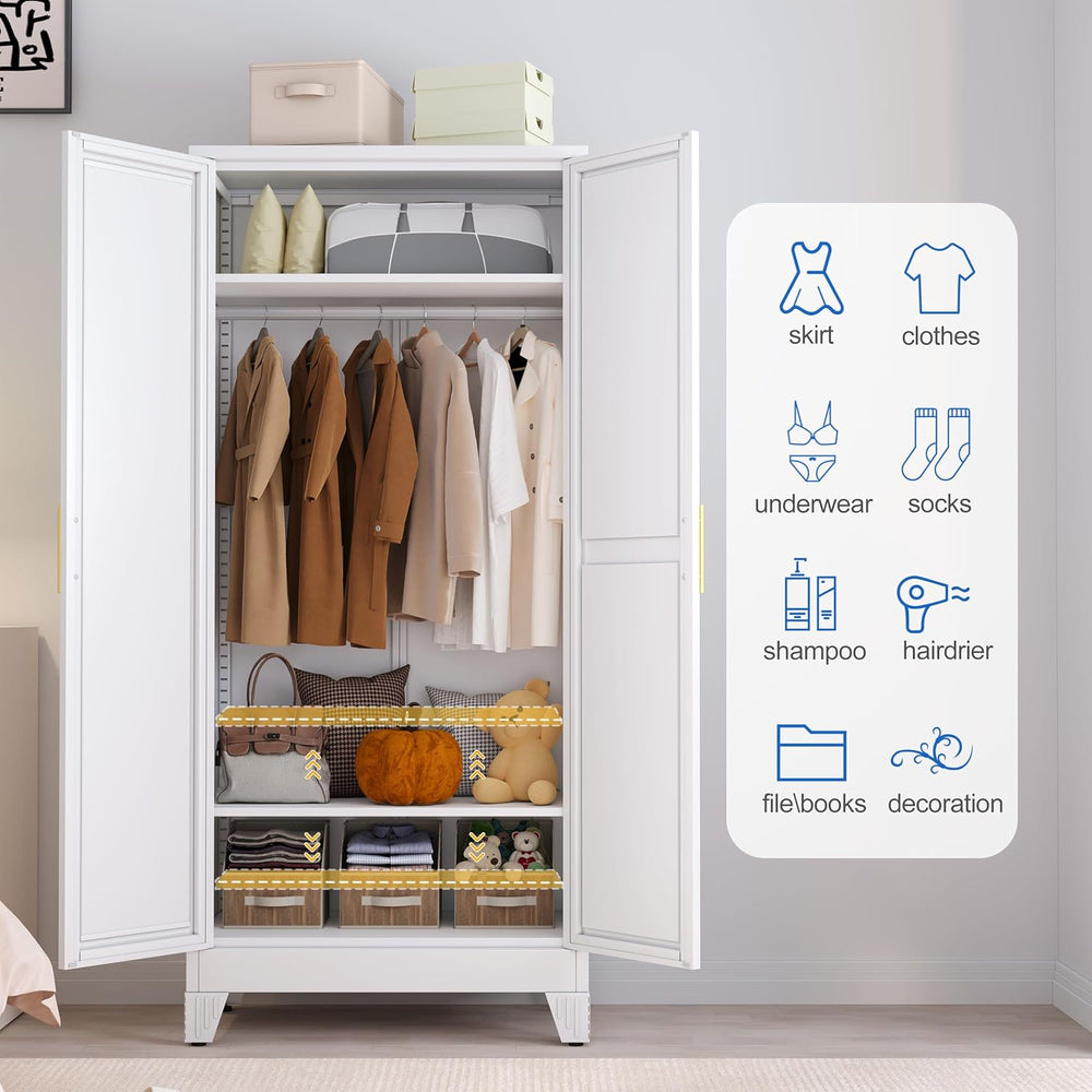 Metal Wardrobe Cabinet with Mirror and Hanging Rod, 71" White
