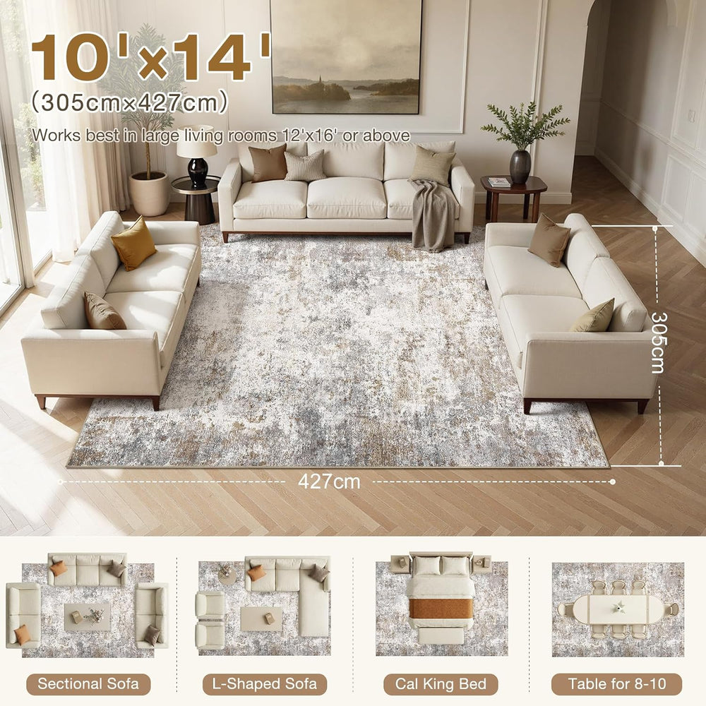 UERMEI 10x14 Area Rug Living Room Rugs Washable Neutral Brown Grey Carpet