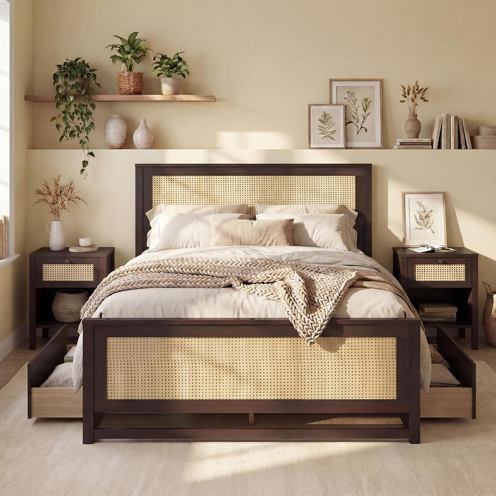 KOMFOTT Full Size Bed Frame with 2 Drawers, Rattan Bed Frame (Espresso)