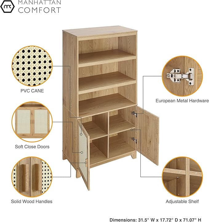 Manhattan Comfort Sheridan Modern Cane Bookcase with Adjustable Open Shelves,...