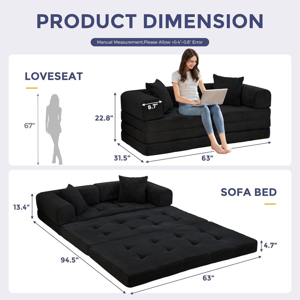 MAXYOYO 63" Convertible Sofa Bed, Boneless Futon Couch Floor Sofa, Black