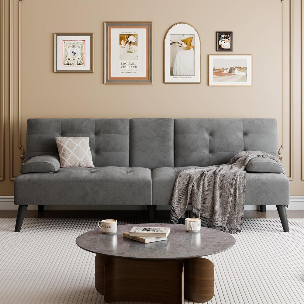 64" Futon Sofa Bed, Small Couch with 2 Cup Holders, Grey
