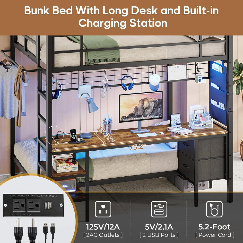 Bunk Bed Full Over Twin with Desk, Led Lights and Charging Station,Black