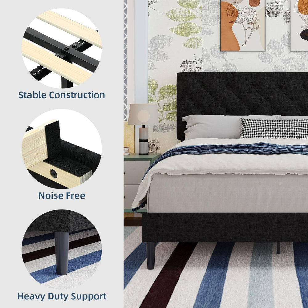 Full Size Platform Bed Frame with Button Tufted Headboard,Black