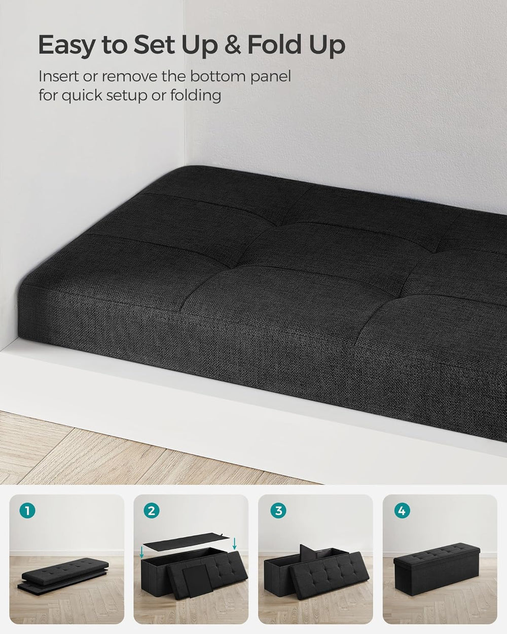 SONGMICS 43.3 Inches Folding Storage Ottoman Bench, Load 660 lb