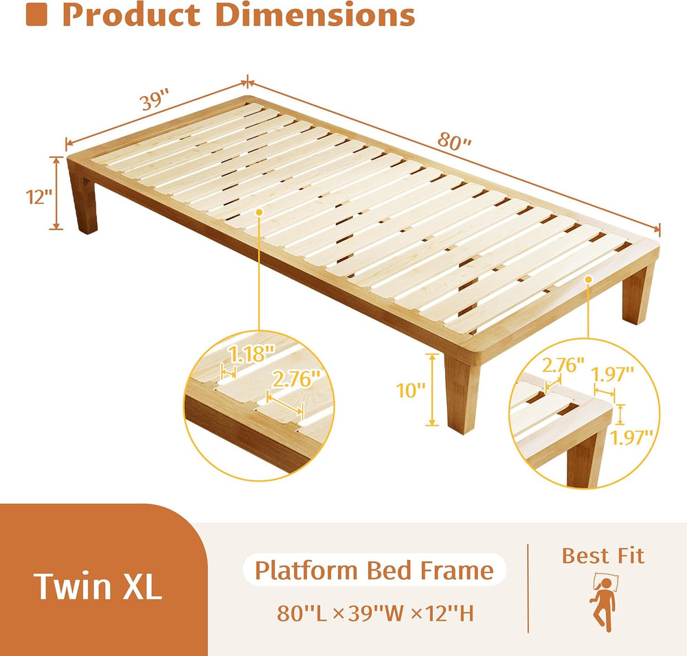 IOTXY Twin-XL Platform Bed Frame - 12" Solid Wood Mattress Foundation Base