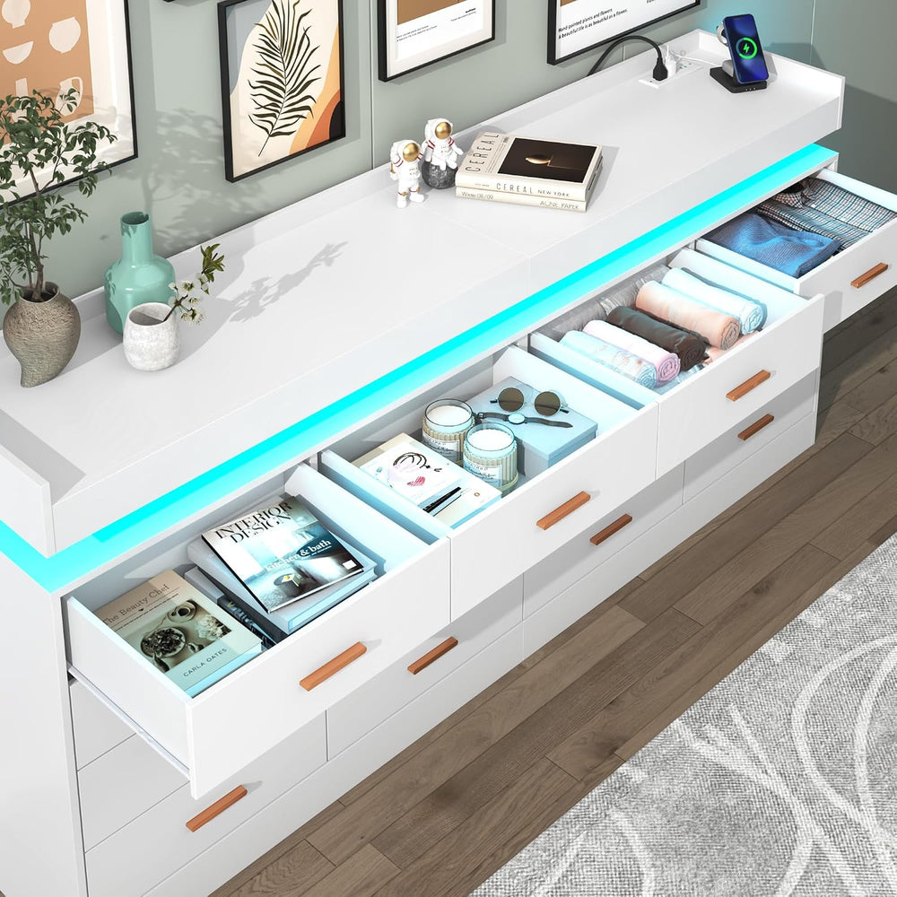 16 Drawer Dresser with LED Light and Charging Station, Modern Chest of Drawer...
