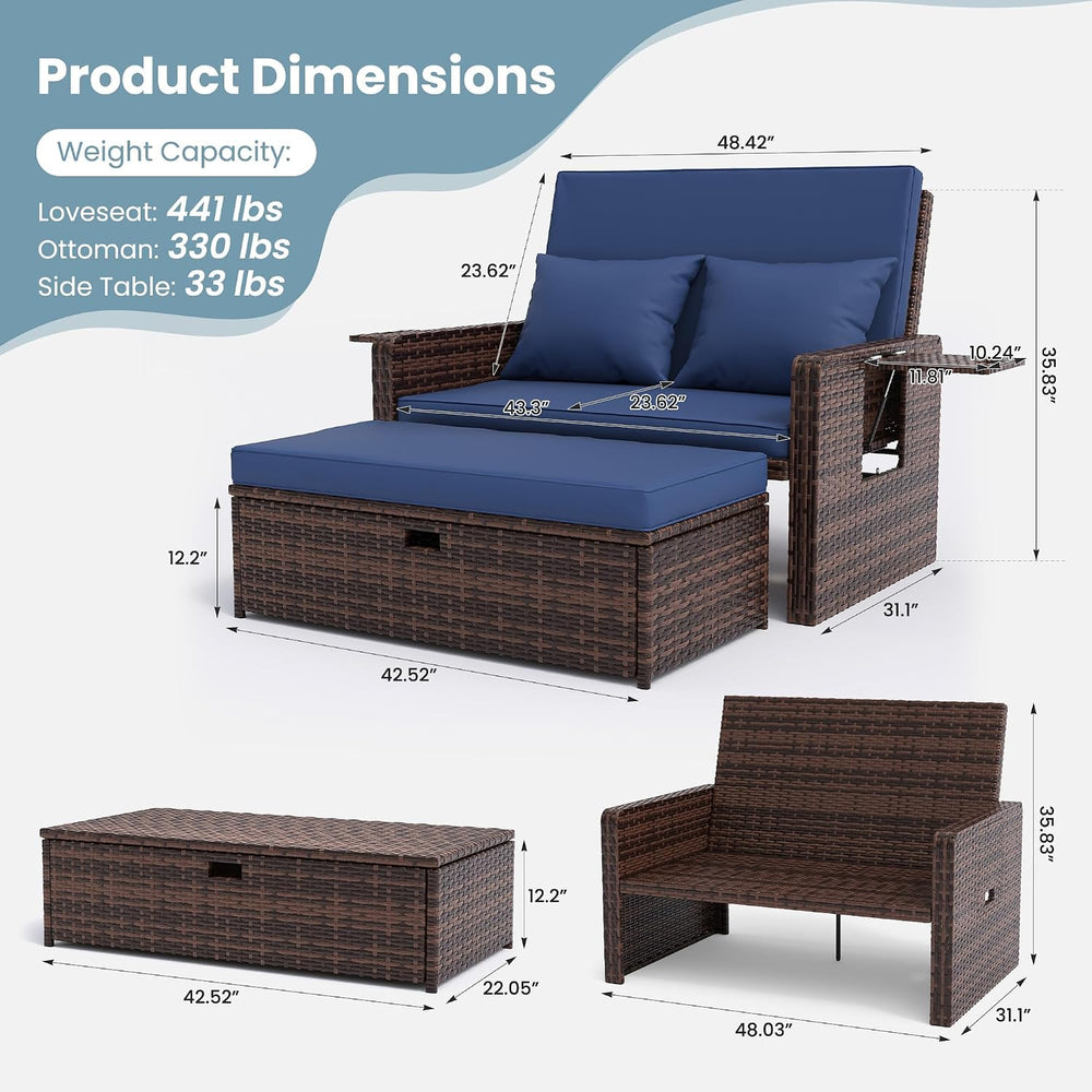 Amopatio Wicker Outdoor Daybed, Patio Daybed with Ottoman,Blue