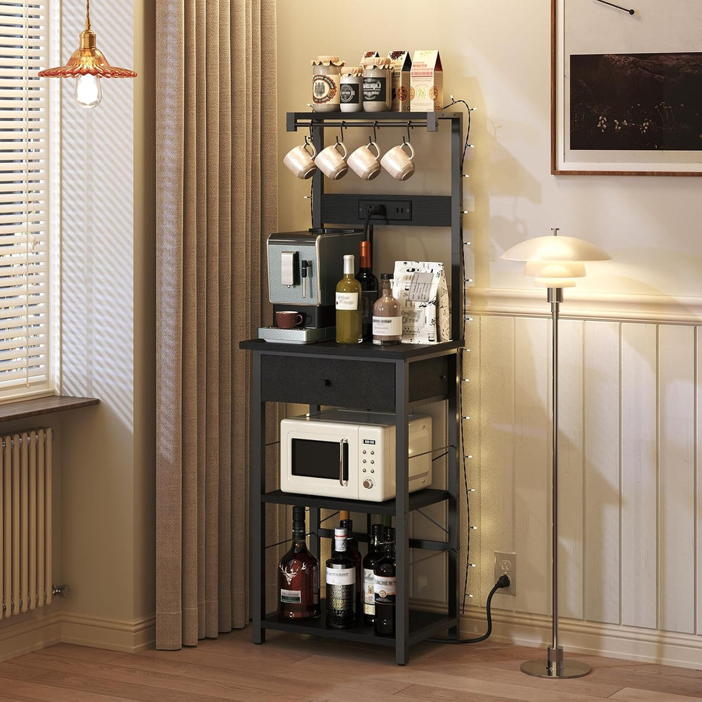 MAHANCRIS Bakers Rack with Drawer, Microwave Stand with Power Outlet, Coffee ...