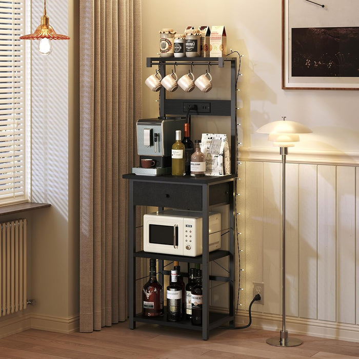 MAHANCRIS Bakers Rack with Drawer, Microwave Stand with Power Outlet, Coffee Bar Station with 4 Hooks, Kitchen Storage Shelf Rack 4 Tiers, for Kitchen, Dining Room, Black BRBK48E01