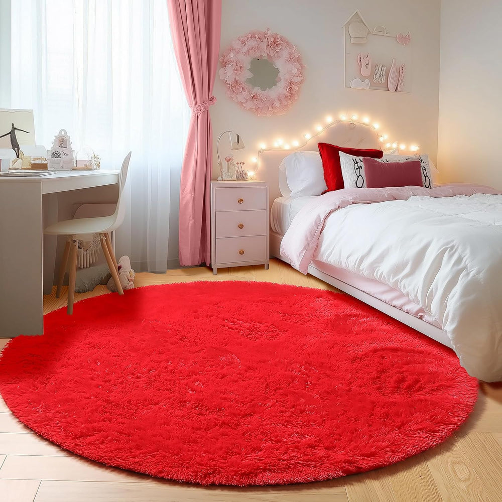 ONASAR Red Round Rugs 5ft for Bedroom Living Room, Fluffy Circle Area Rug for