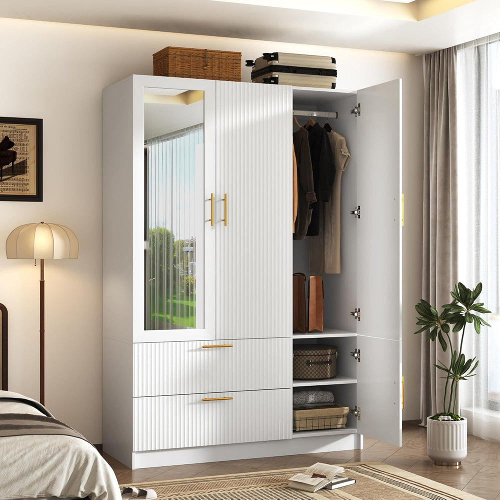 Fluted Style 3 Doors Wardrobe Closet Armoire with Mirrors and LED Lights, 70....