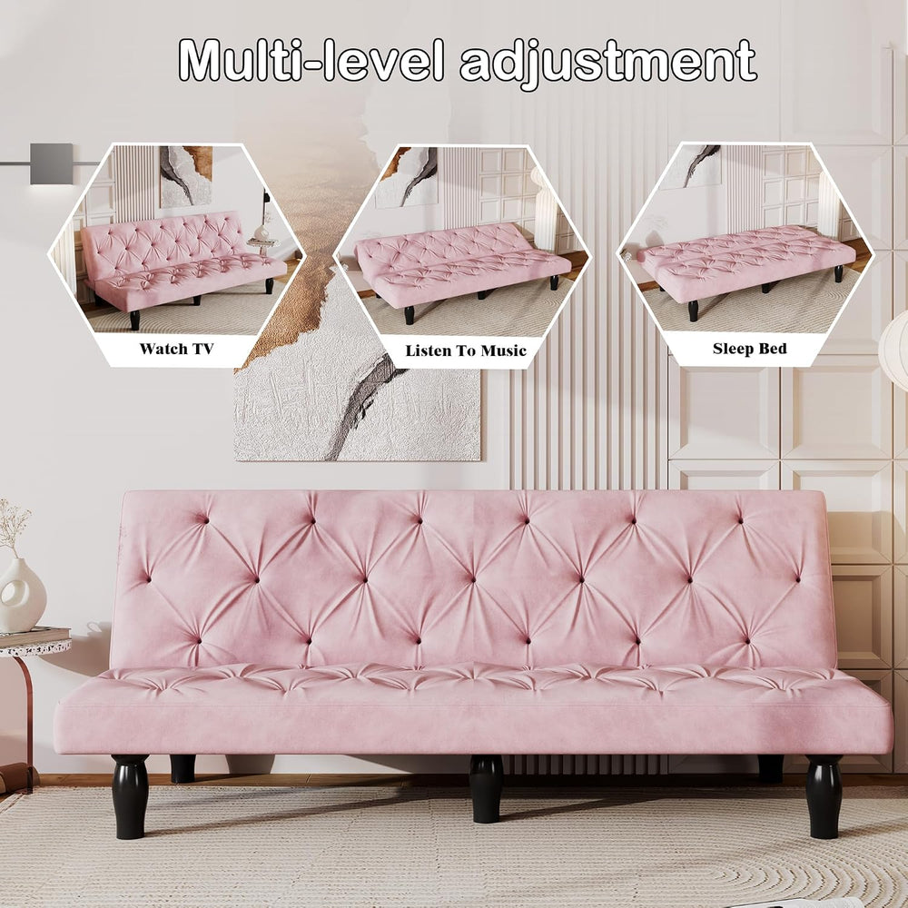 72" Pink Velvet Futon Couch Living Room Couch Bed Convertible Sleeper So...