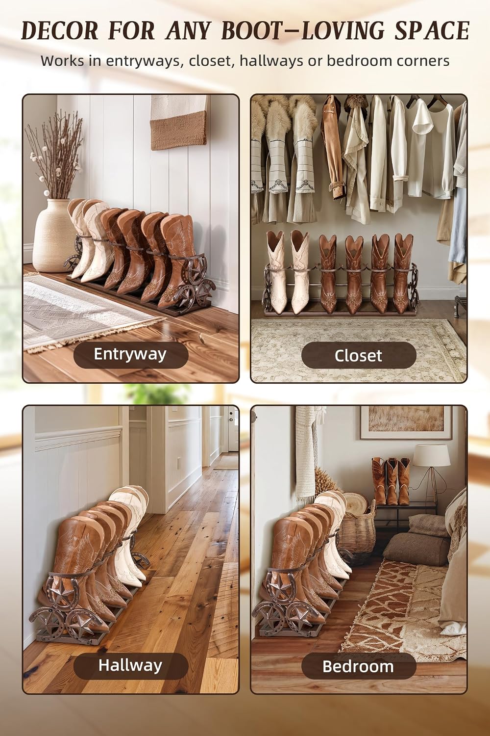 Western Horseshoe Boot Rack, 3 Pairs Freestanding Metal Boot Stand, Bronze | ...