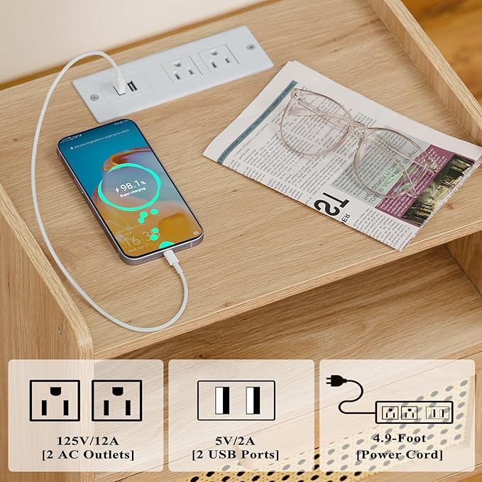 Lerliuo Rattan Nightstand with Charging Station, Boho Side Table with Drawer ...