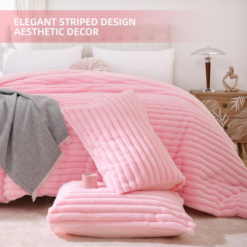 Smoofy Fluffy Queen Size Comforter 3 PCS - Pink Fleece Bedding Set