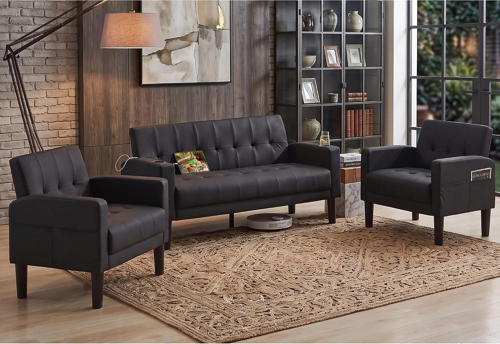 3 Piece Black Faux Leather Mid Century Modern Living Room Sofa Set