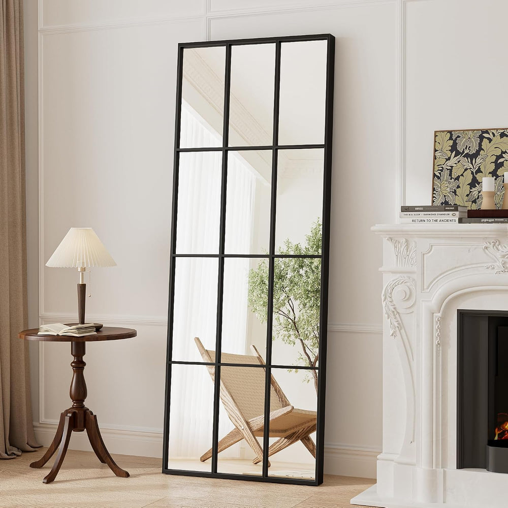 Full Length Mirror, 65"x22" Standing Windowpane Wall Mirror (Black)