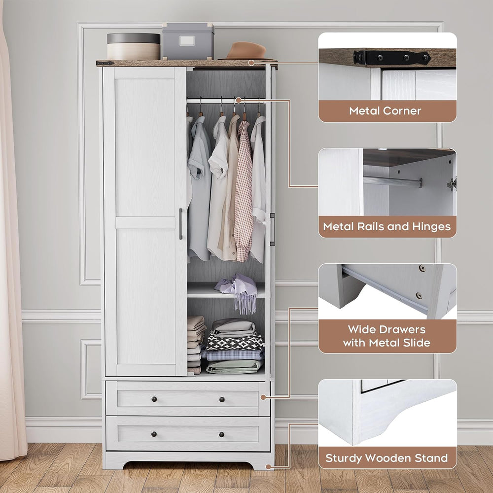 Brafab Wooden Armoire Wardrobe Closet with Drawers, White, Set of 2