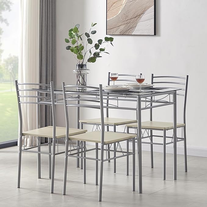 VECELO Kitchen Dining Room Table and Chairs 4, 5-Piece Dinette Sets, Space Sa...